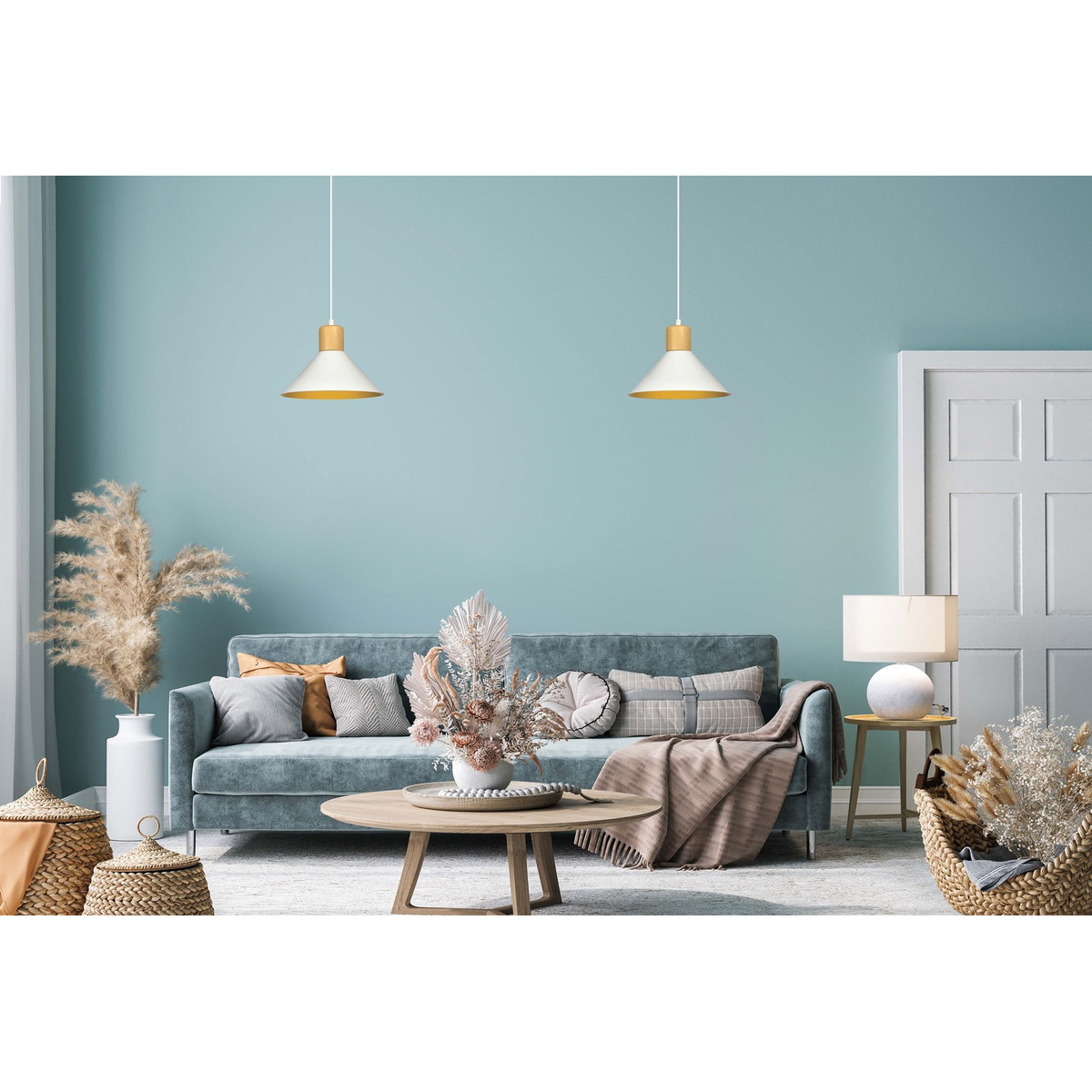 Lampada a sospensione Rowen in acciaio bianco e legno