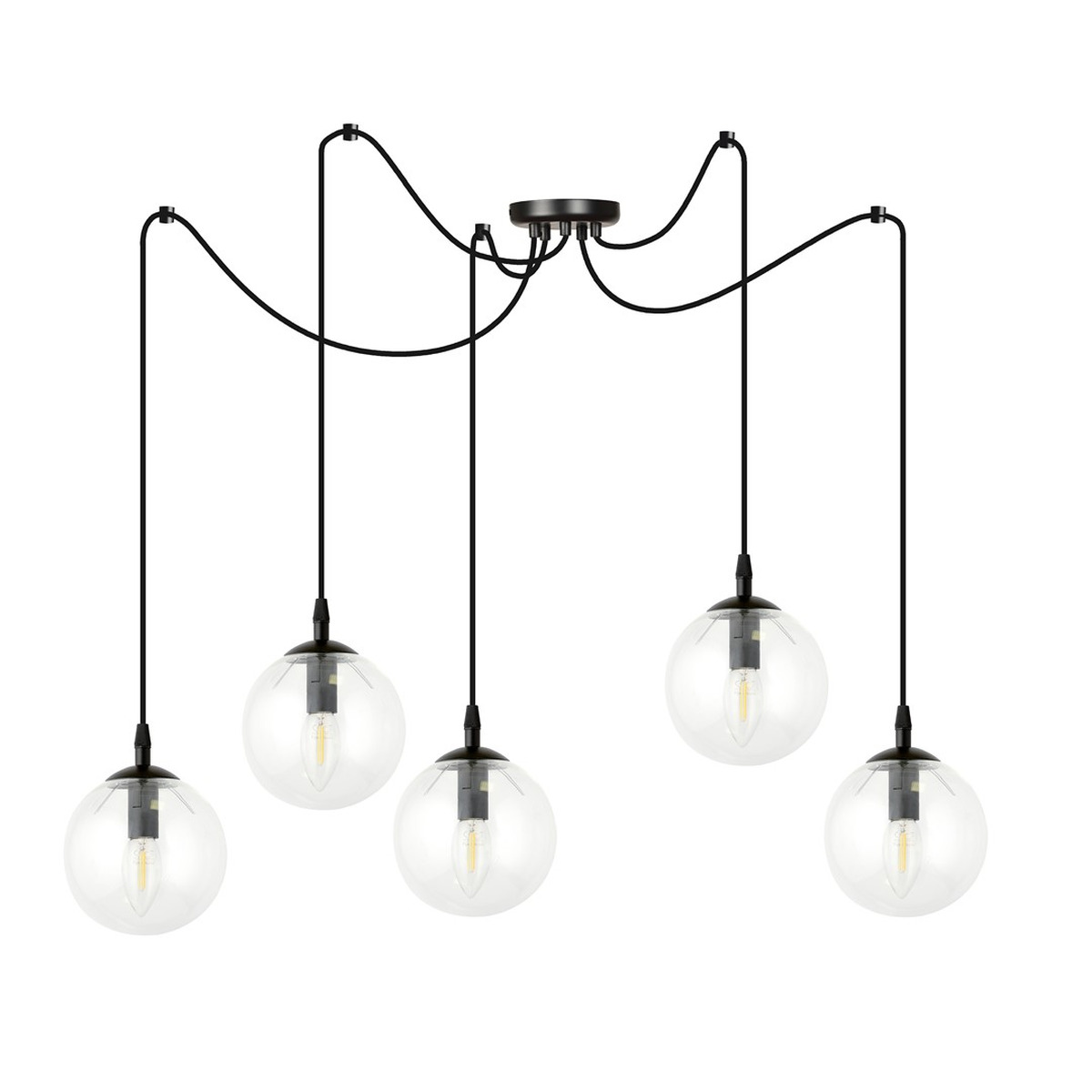 Lampada a sospensione Gigi 5 luci in acciaio nero e vetro trasparente