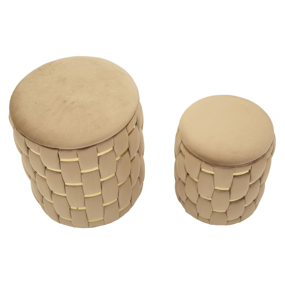 Set 2 pouf contenitore Shanty in velluto oro Ø37x42 e Ø28x35 cm