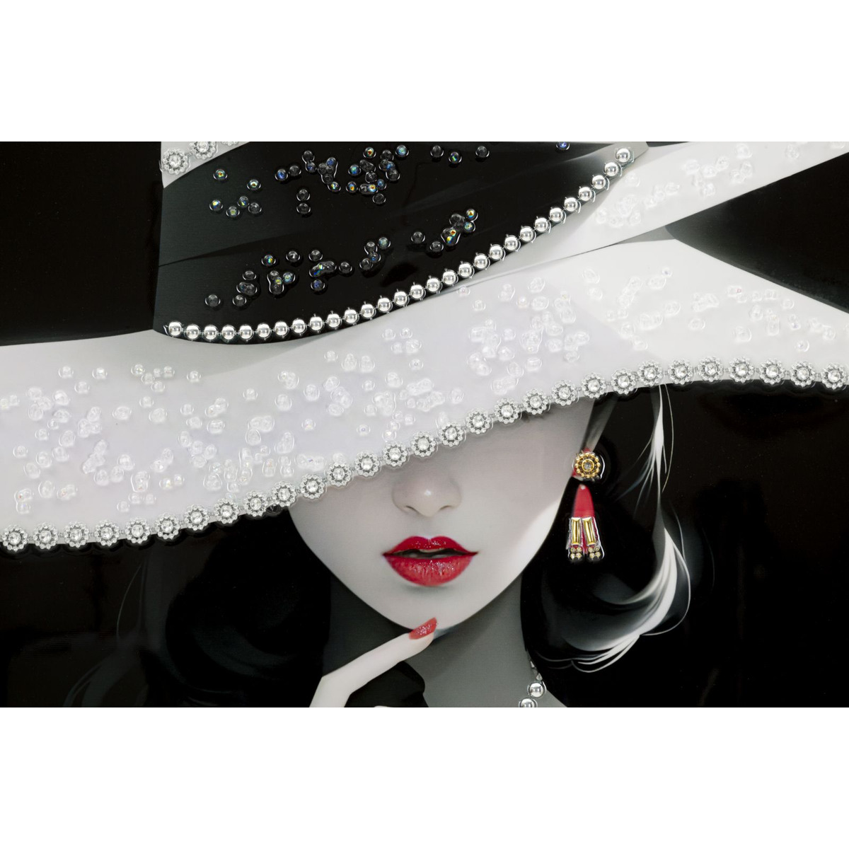 Dipinto su tela Marty B2 dama con cappello bianco su sfondo nero, 62x92 cm