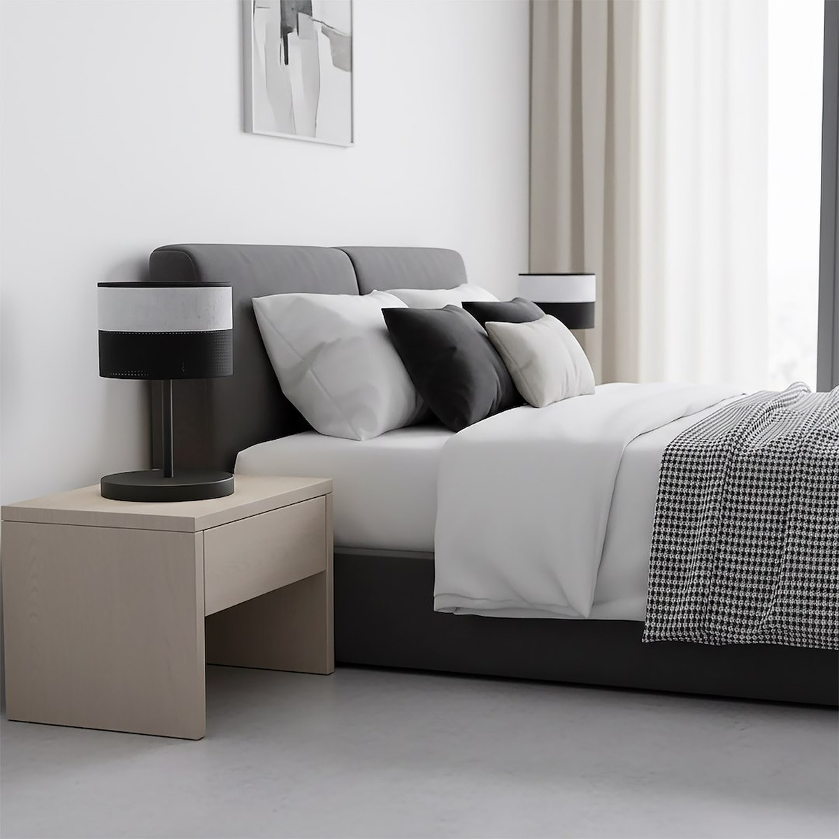 Lampada da tavolo KARBON in acciaio nero e tessuto grigio