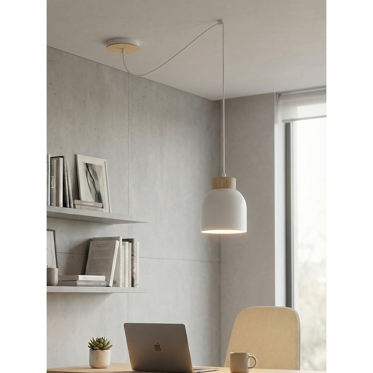 Lampada a sospensione KRU in acciaio bianco opaco e legno