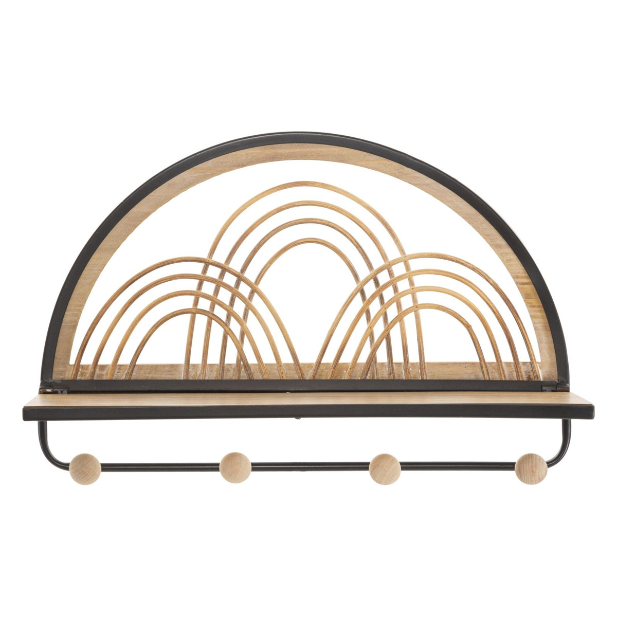 Mensola Oporto con appendiabiti in ferro, legno e rattan — 46x15,5x30 cm