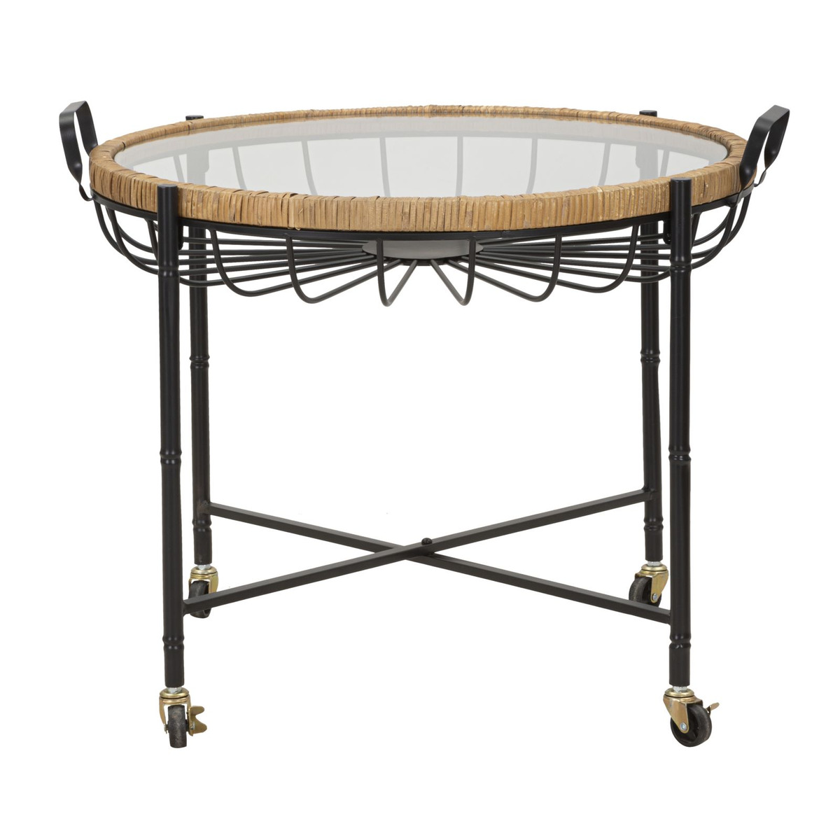 Tavolino Cebu con piano in vetro e ruote, ferro e rattan — 70,5x65x57 cm