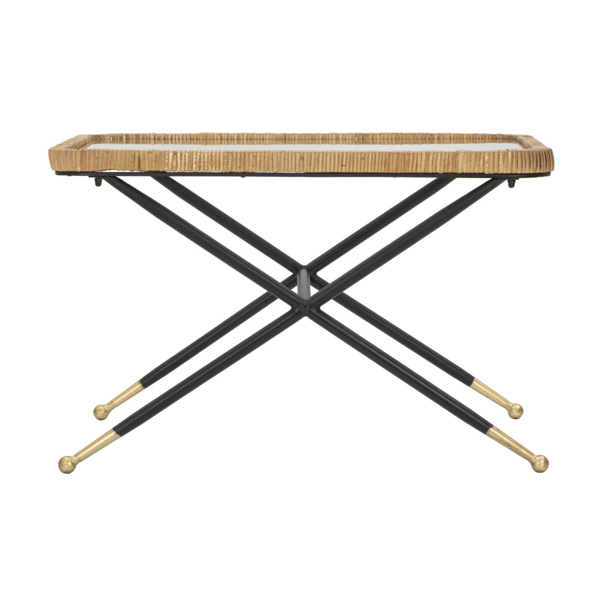 Tavolino da caffè Saint Barth rettangolare con vetro, ferro e rattan — 70x50x45 cm