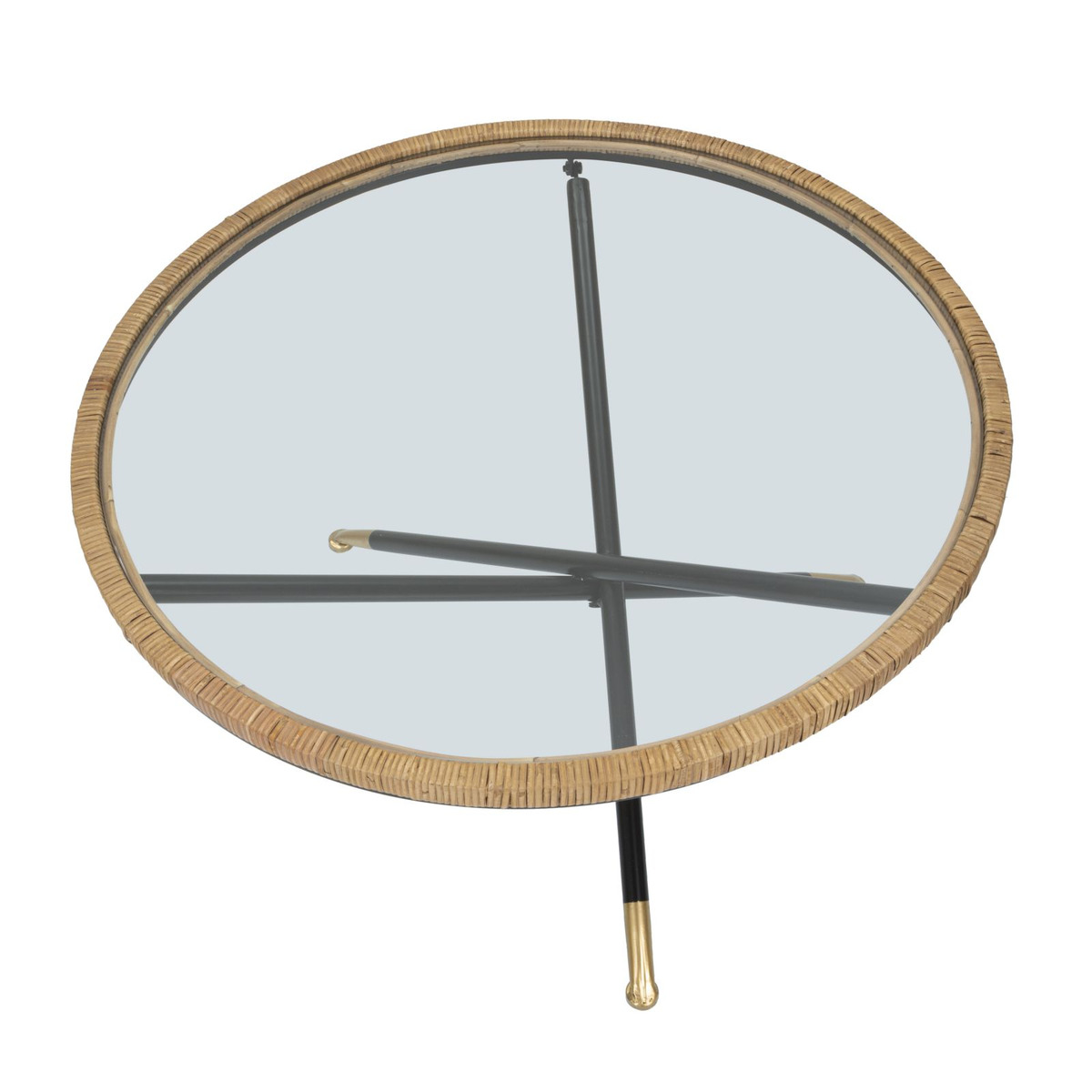 Tavolino da caffè rotondo Saint Barth con piano in vetro, ferro e rattan — Ø 80x46,5 cm