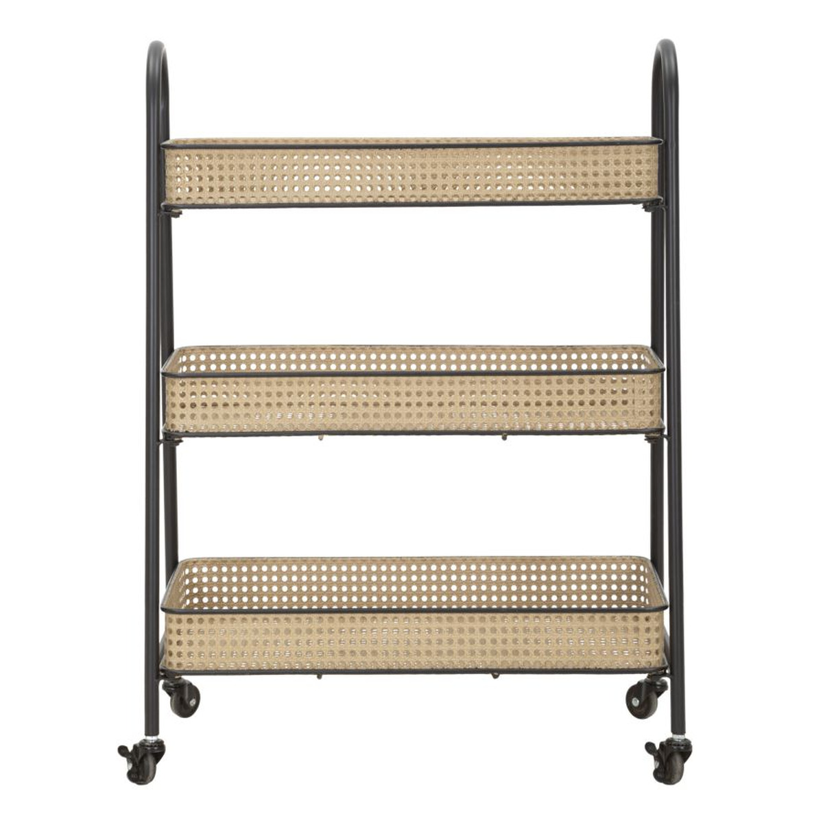 Carrello Fuji a 3 cesti in rattan e ferro nero su ruote — 60x30x80 cm