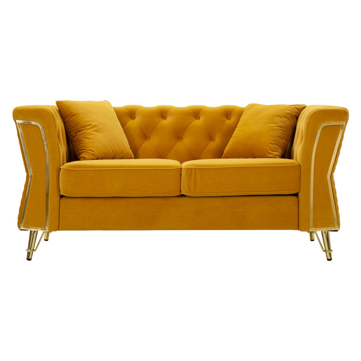 Divano Emy con cuscini in poliestere senape e gambe oro 162x83x76 cm