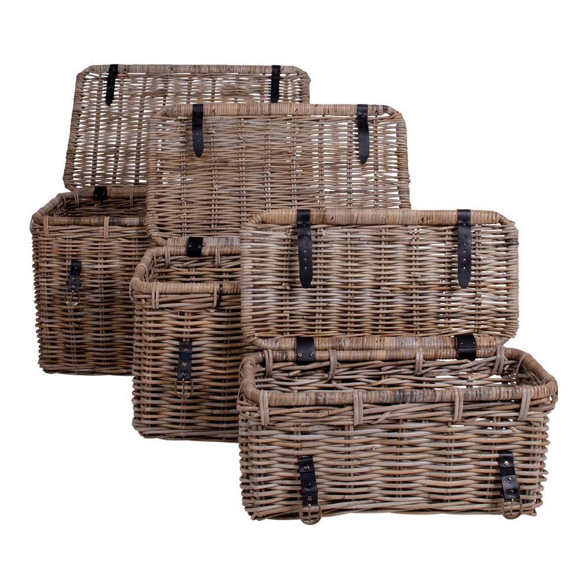 Set 3 bauli portaoggetti Depok in rattan kubu grigio con manici in pelle