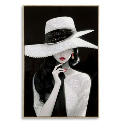 Dipinto su tela Marty B2 dama con cappello bianco su sfondo nero, 62x92 cm