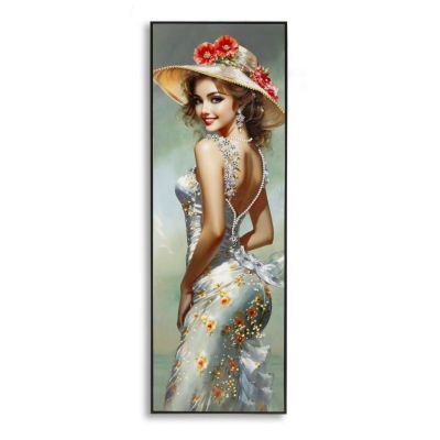 Dipinto su tela Elegant B dama con cappello e papaveri, 52x152 cm