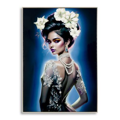 Dipinto su tela Isabel B dama con perle e fiori bianchi, 72x102 cm