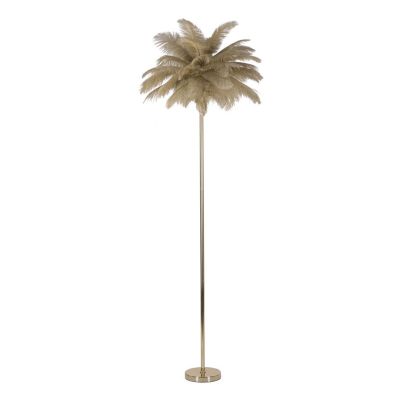 Lampada da terra Palm color cammello in metallo dorato con piume di struzzo