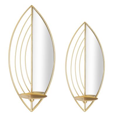 Set 2 portacandele da muro Leaf in ferro dorato e specchio CM 18x13x41 e 15x13x35