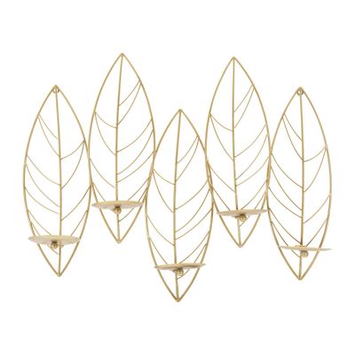 Portacandele da muro Leaf in ferro dorato CM 66x14x56