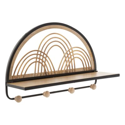 Mensola Oporto con appendiabiti in ferro, legno e rattan — 46x15,5x30 cm