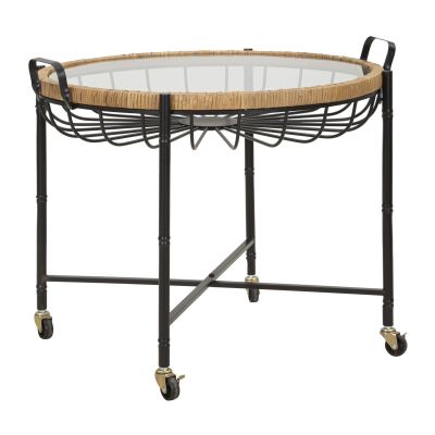 Tavolino Cebu con piano in vetro e ruote, ferro e rattan — 70,5x65x57 cm