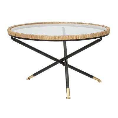 Tavolino da caffè rotondo Saint Barth con piano in vetro, ferro e rattan — Ø 80x46,5 cm