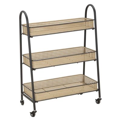 Carrello Fuji a 3 cesti in rattan e ferro nero su ruote — 60x30x80 cm